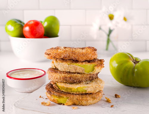 Fotografie US southern food of fried green tomatoes in a kitchen scene with dipping sauce a