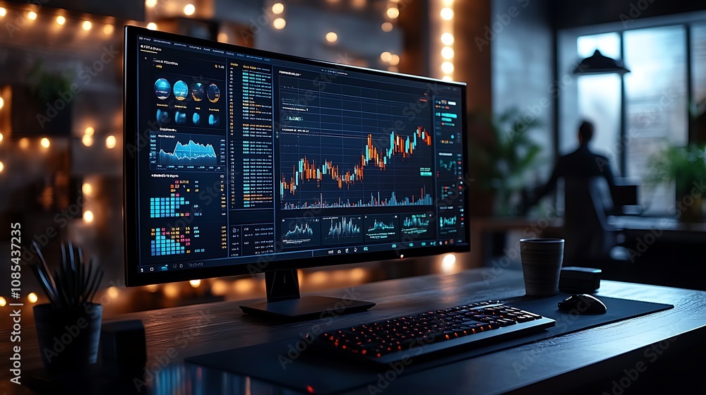 A modern workspace with a computer displaying stock market data, a keyboard, a mouse, and a cup of coffee. A modern workspace with a computer displaying stock market data, a keyboard, a mouse, and a cup of coffee.