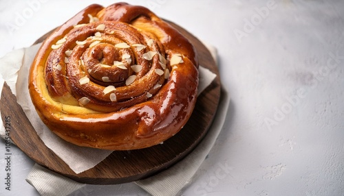 sticky bun on baking board on white plaster background