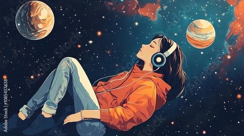 A lovely anime girl using headphones and drifting through space while enjoying music. Manga, a cartoon illustration of a lovely woman lounging. Lofi hip-hop tunes. A study girl relaxing. 