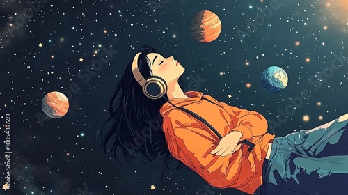 A lovely anime girl using headphones and drifting through space while enjoying music. Manga, a cartoon illustration of a lovely woman lounging. Lofi hip-hop tunes. A study girl relaxing. 