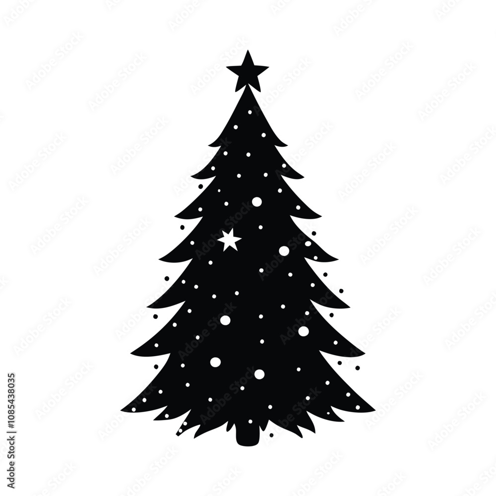 Obraz premium Silhouette of a Christmas tree with branches adorned with ornaments and a shining star on top.