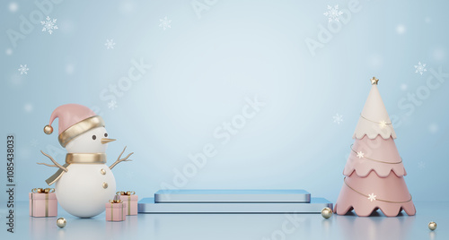 3D rendering blue product display stage, with cute snowman and pink stylish Christmas tree model on snowy light blue sky background. Luxury Christmas sale presentation scene.