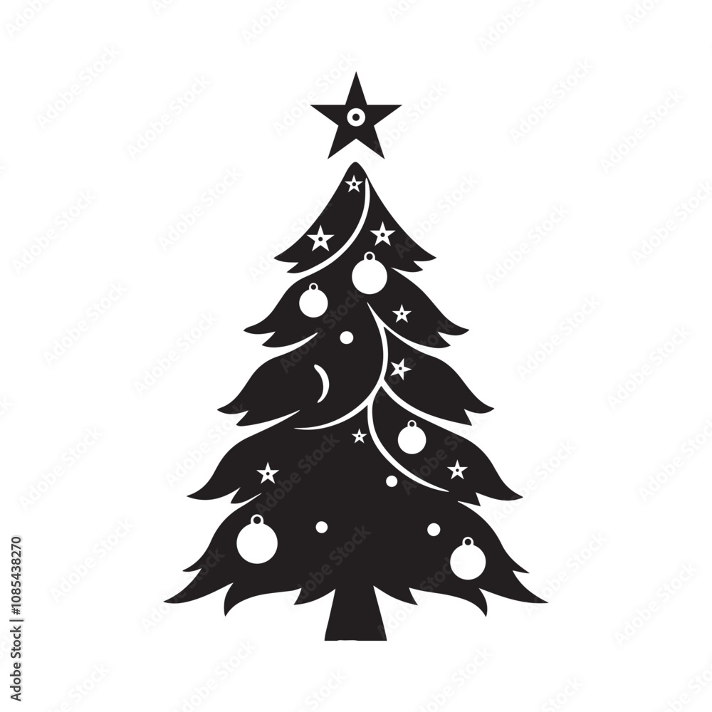 Obraz premium Silhouette of a Christmas tree with branches adorned with ornaments and a shining star on top.