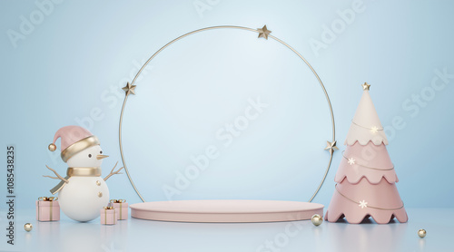 3D rendering pink product display stage, with cute snowman and pink stylish Christmas tree model on light blue sky background. Luxury Christmas sale presentation scene.