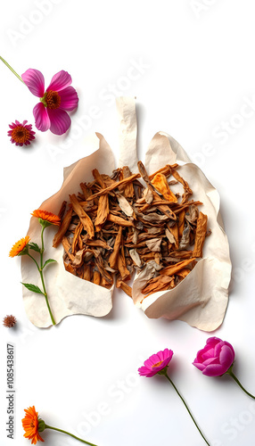 No smoking concept. Top view of flowers and dry tobacco through burned lungs shaped paper with white shades, png photo