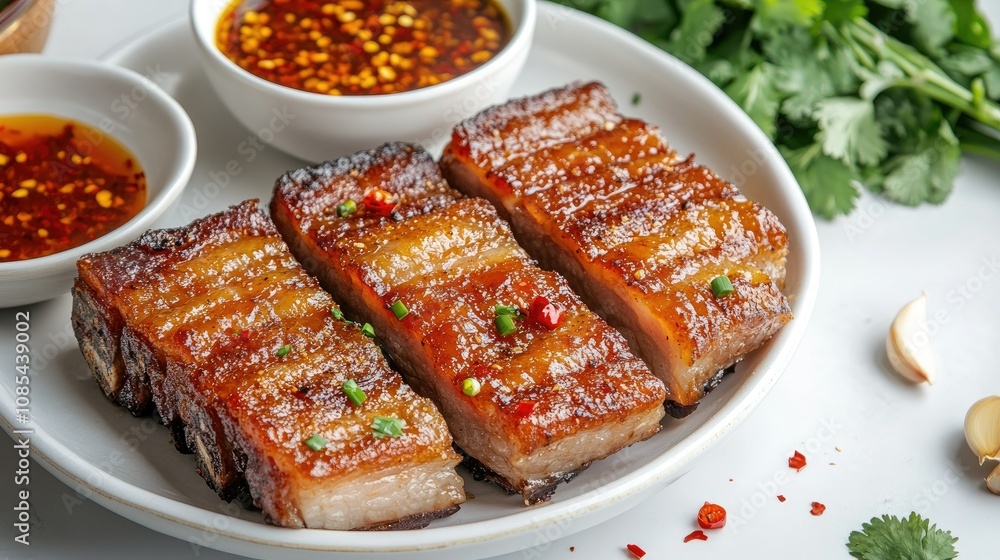 Golden-brown crispy pork belly on a white plate, next to a bowl of dipping sauce, with chili flakes and garlic garnish for a bold look Golden-brown crispy pork belly on a white plate, next to a bowl of dipping sauce, with chili flakes and garlic garnish for a bold look