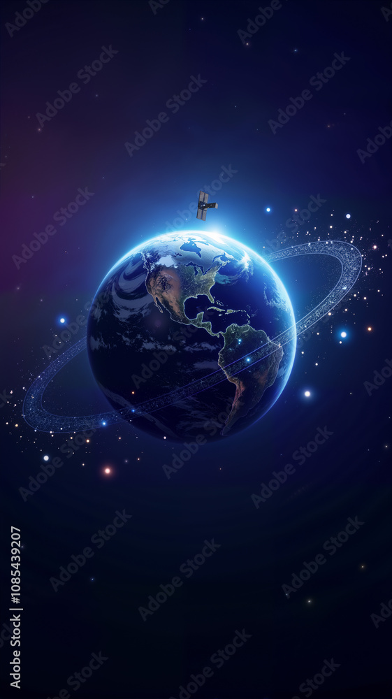 Obraz premium A captivating illustration of Earth with a satellite orbiting in a starry space background. Suitable for educational materials, science projects, and technology presentations, copy space