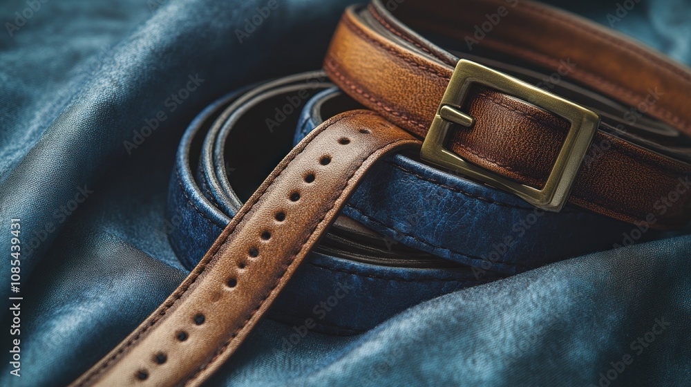 Two leather belts on a textured fabric background. Two leather belts on a textured fabric background.