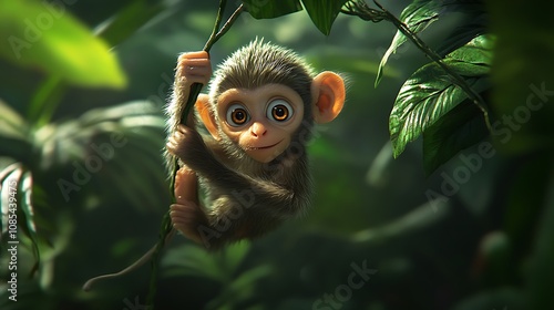 A cute baby monkey with big eyes hangs on a vine in a lush green jungle.