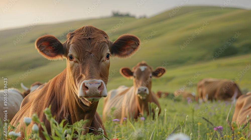Bucolic Dairy Farm with Grazing Milking Shorthorn Cows in Flower Dotted Meadow under Warm Golden Bucolic Dairy Farm with Grazing Milking Shorthorn Cows in Flower Dotted Meadow under Warm Golden