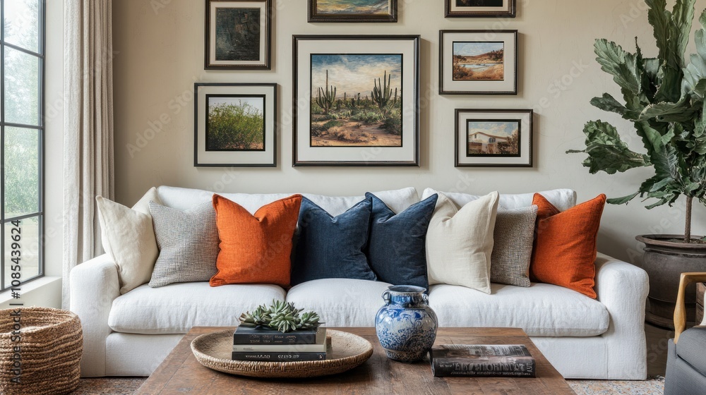 Fototapeta premium Cozy living room with decorative pillows and art.