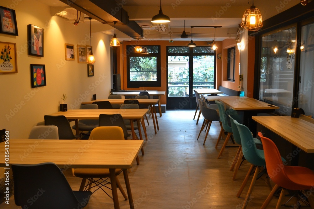 Modern Caf? Interior with Vibrant Seating and Artistic D?cor Modern Caf? Interior with Vibrant Seating and Artistic D?cor