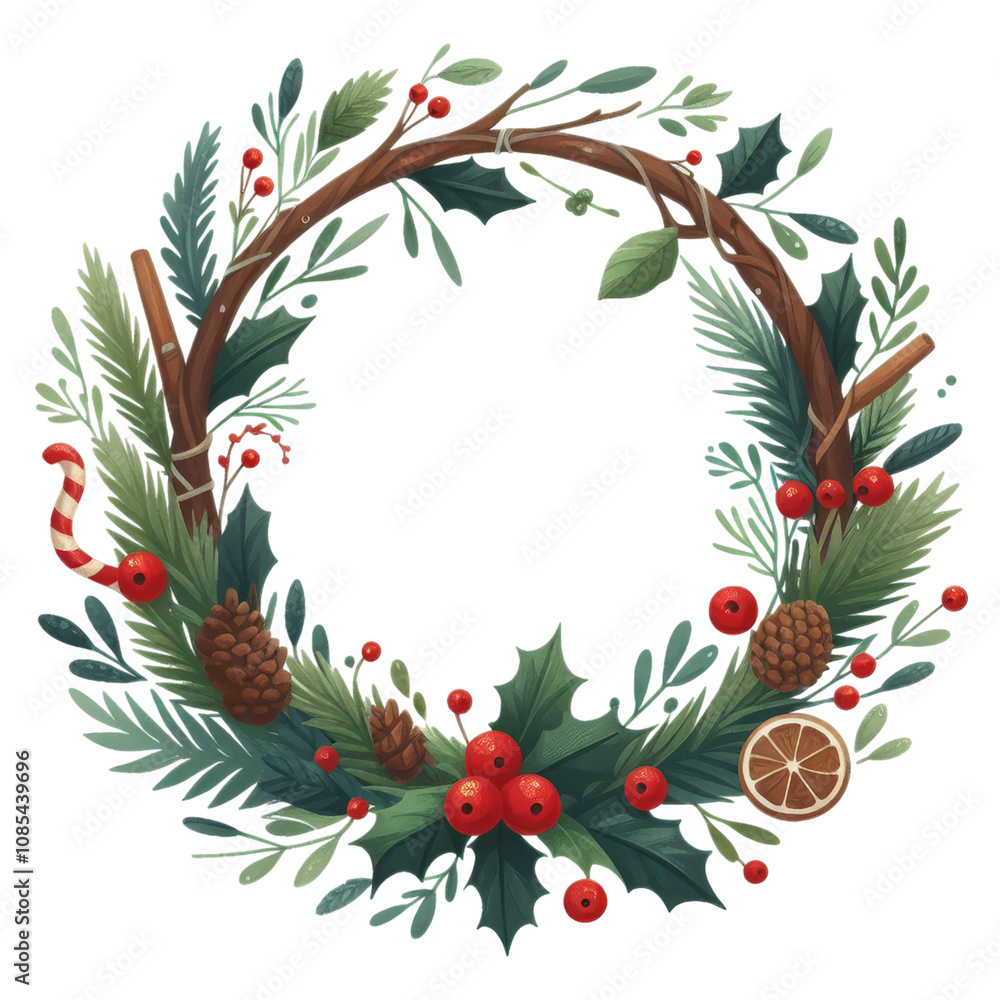 Fototapeta premium A classic Christmas wreath in watercolor, with a rich palette of red berries, and green foliage.