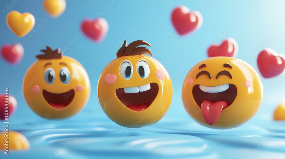 Three happy emojis and hearts floating in the air. Three happy emojis and hearts floating in the air.