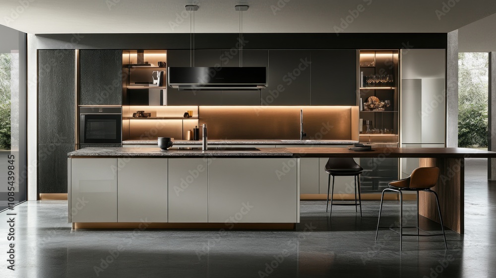 Modern Kitchen with Sleek Design and Warm Lighting Modern Kitchen with Sleek Design and Warm Lighting