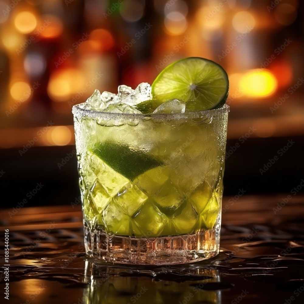 Refreshing caipirinha cocktail sitting on bar with lime garnish and ice Refreshing caipirinha cocktail sitting on bar with lime garnish and ice