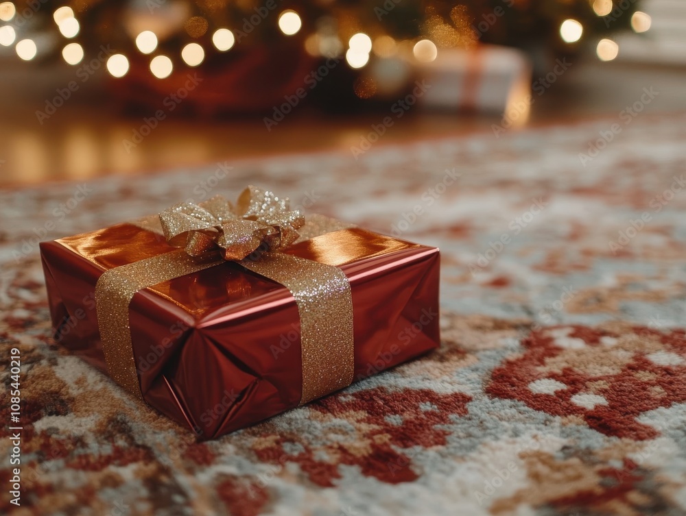 Christmas Gift Wrapping Closeup Home Interior Decorative Content Festive Environment Eye-Level Shiny Red Packaging Concept Christmas Gift Wrapping Closeup Home Interior Decorative Content Festive Environment Eye-Level Shiny Red Packaging Concept