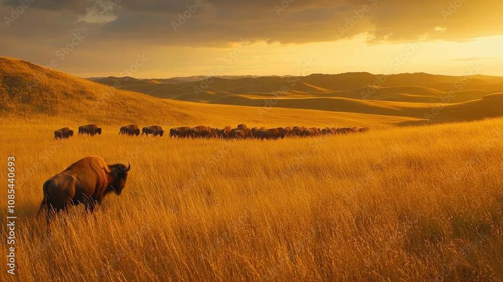 Obraz premium Herd of bison trekking through tall, golden prairie grass, illuminated by the warm light of sunset, with hills and a wide sky beyond