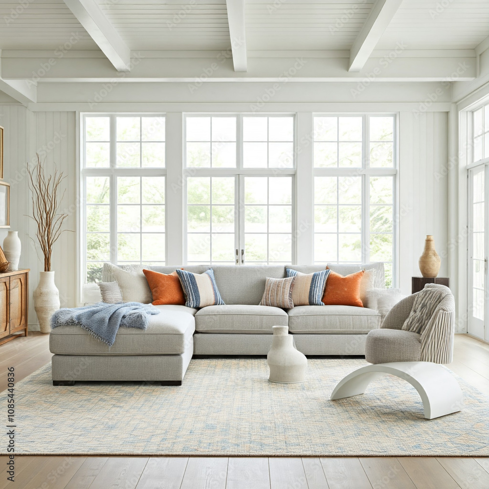 A serene and stylish living room with a focus on a calming blue and white color palette. A large, gray sofa dominates the space