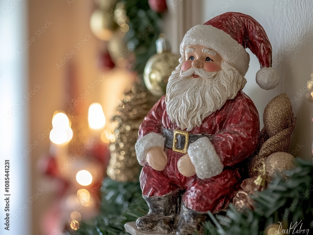Obraz premium Santa Figurine Sitting Mantle Festive Holiday Decor Warm Cozy Environment Close-up of Christmas Spirit