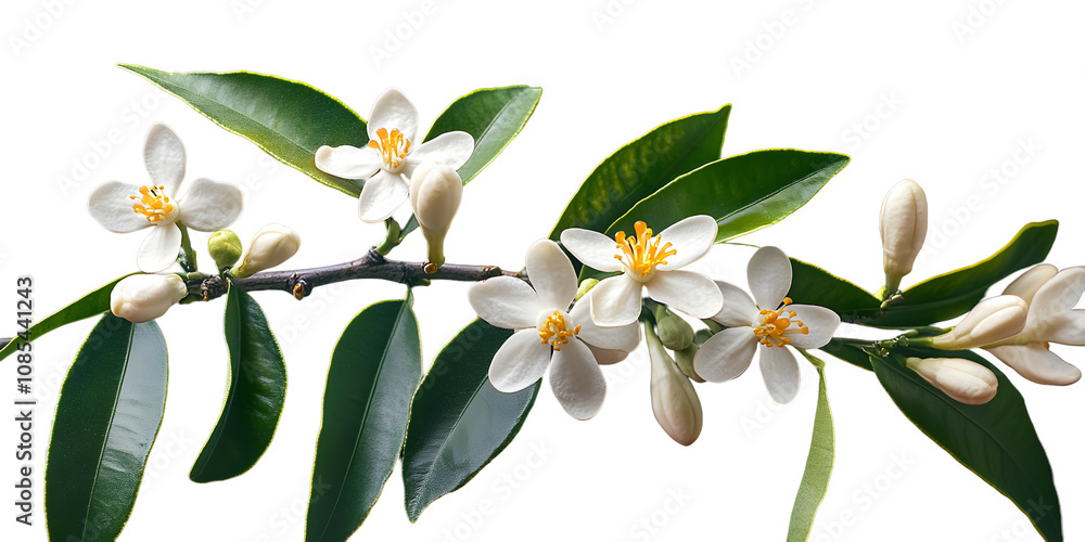 Orange blossom branch with white flowers and leaves isolated on background for a neroli citrus bloom concept , orange blossom Orange blossom branch with white flowers and leaves isolated on background for a neroli citrus bloom concept , orange blossom