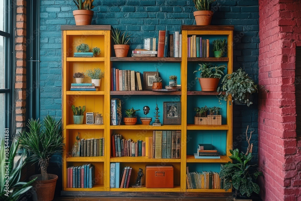 Colorful bookshelf with plants and books. Colorful bookshelf with plants and books.