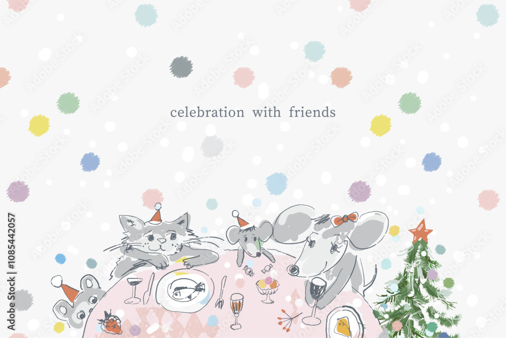 Fototapeta premium Art poster. Animals are sitting at the table and celebrating new year and Christmas. Friends, kids, feast, holiday, snowfall. Vector