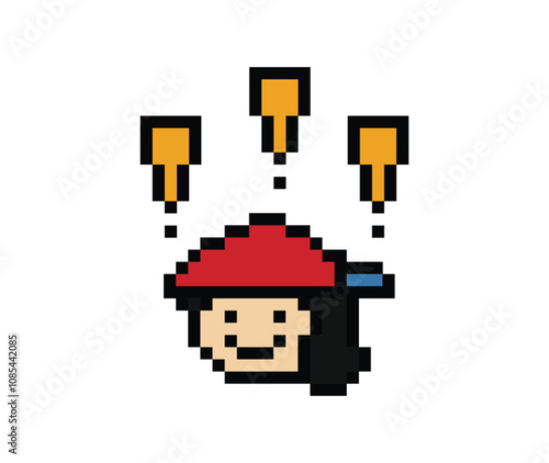 Cute pixel cartoon character man notice with exclamation mark decoration 8 bit male boy surprise idea exclamation alert cartoon pixel game png vector.