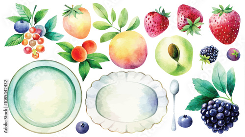 Watercolor fruits and berries on white background. Hand drawn illustration.