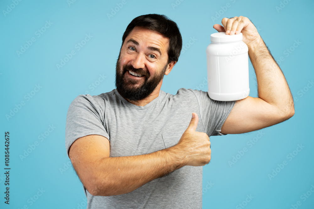 Happy man showing thumbs up while holding nutritional supplement Happy man showing thumbs up while holding nutritional supplement