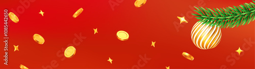 3d flying gold coins and stars with Christmas tree branches with ball on red isolated background. Horizontal banner. Stock vector illustration.	