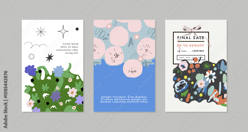 Obraz premium Collection of creative floral artistic cards. Hand Drawn textures. Trendy Graphic Design for banner, poster, card, cover, invitation, placard, brochure, flyer. Vector