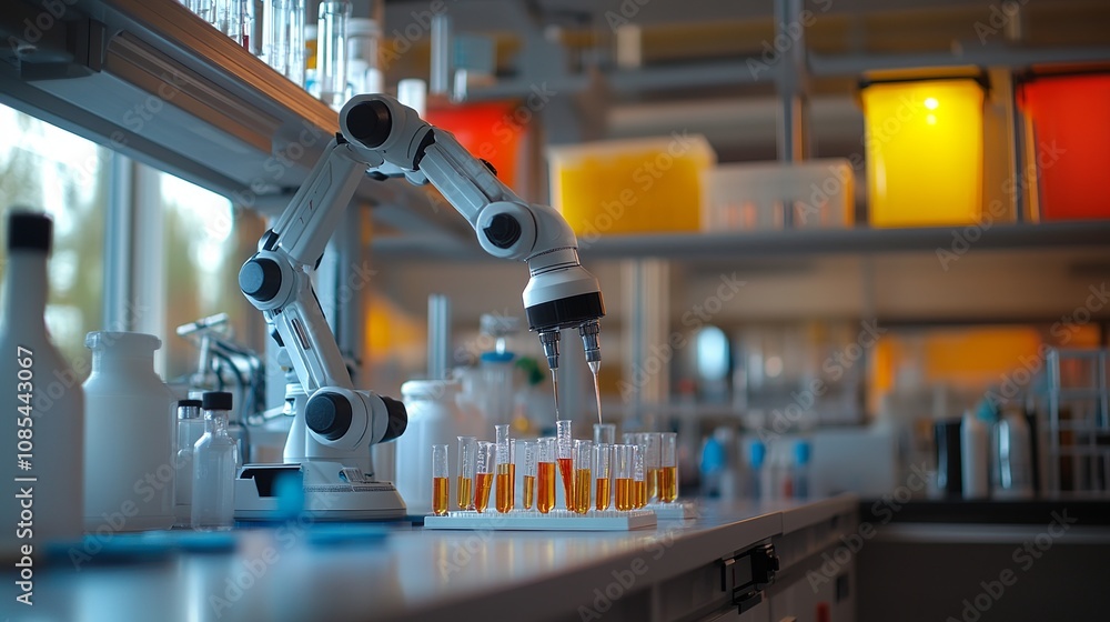 In the confines of a scientific laboratory, a cutting-edge robot deftly navigates through chemical experiments In the confines of a scientific laboratory, a cutting-edge robot deftly navigates through chemical experiments