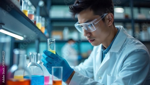  A young male scientist in a lab coat and safety goggles examining a sample in a test tube in a laboratory setting,  research Scientists, research laboratory created with generative ai