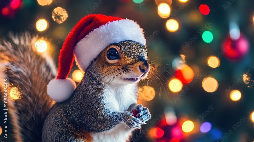 Christmas background, a photo of a squirrel wearing Santa Claus' hat, with colorful lights in the background, full of festive atmosphere. --ar 16:9 - Christmas background, a photo of a squirrel wearing Santa Claus' hat, with colorful lights in the background, full of festive atmosphere. --ar 16:9 -