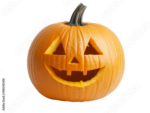 A cheerful, carved orange pumpkin with a smiling face for Halloween celebrations. Isolated on transparent white background, png	
