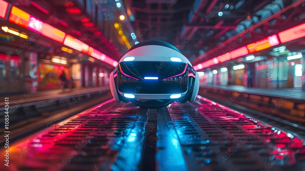 A futuristic car is driving down a train track A futuristic car is driving down a train track