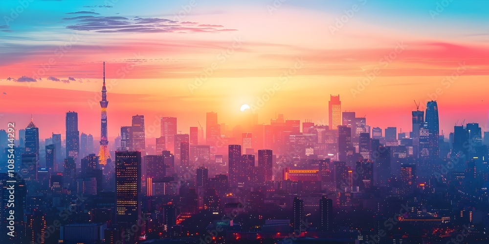 Fototapeta premium A city skyline with a beautiful sunset in the background