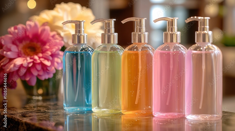 Colorful liquid soap bottles with flowers. Colorful liquid soap bottles with flowers.