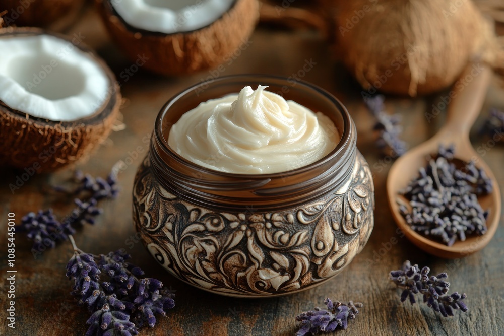 Creamy moisturizer in a decorative jar with lavender. Creamy moisturizer in a decorative jar with lavender.