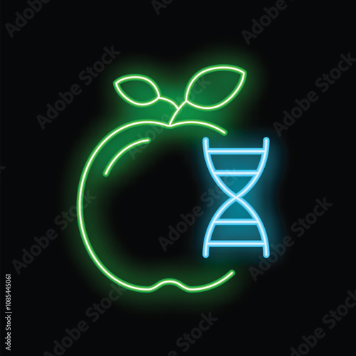 Green neon icon of an apple with a blue dna strand on a black background