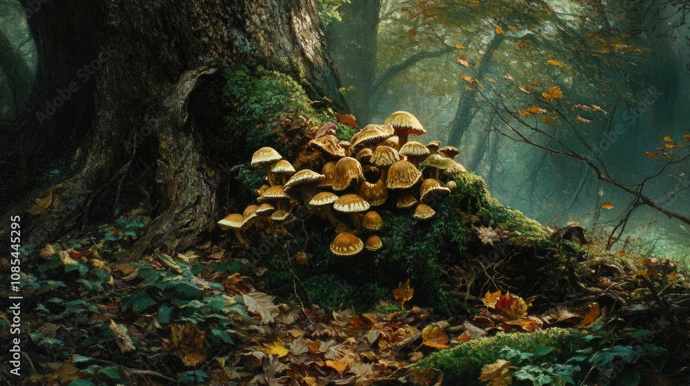 Mushroom cluster growing from a damp, mossy tree trunk, surrounded by fallen leaves and underbrush in a shaded forest Mushroom cluster growing from a damp, mossy tree trunk, surrounded by fallen leaves and underbrush in a shaded forest