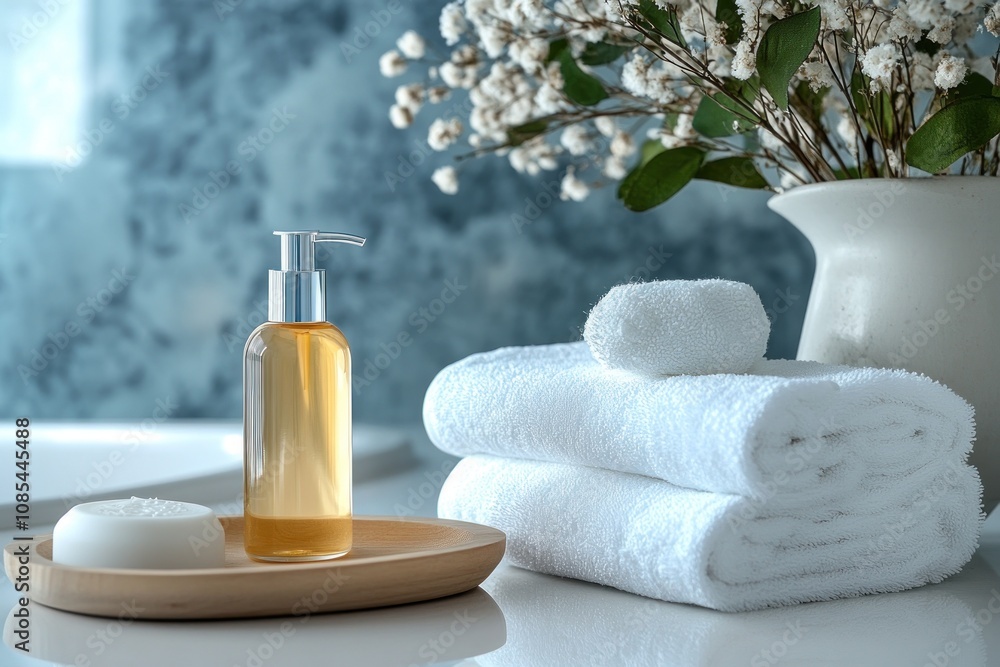 Spa setting with towels, soap, and oil. Spa setting with towels, soap, and oil.