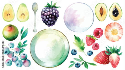 Watercolor fruits and berries set on white background. Vector illustration.