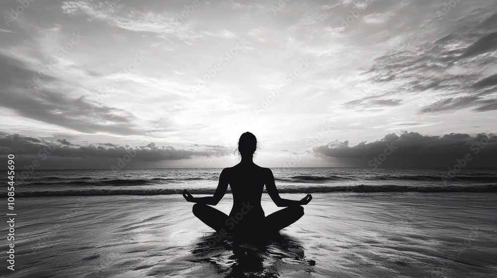 custom made wallpaper toronto digitalsilhouette of a person in yoga position on a beach in the evening in black and white shot