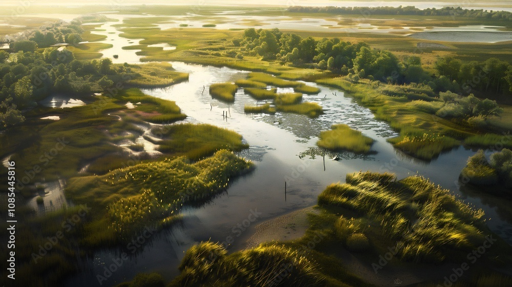 Aerial View of a Serene River Winding Through a Lush Green Marsh Aerial View of a Serene River Winding Through a Lush Green Marsh
