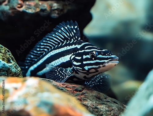 Striking Zebra Pleco in Aquarium with Rocky Cave Like Backdrop photo