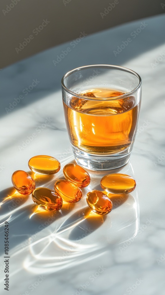 Golden fish oil softgels arranged near a glass of water on a marble table illuminated by warm sunlight and intriguing shadows Golden fish oil softgels arranged near a glass of water on a marble table illuminated by warm sunlight and intriguing shadows