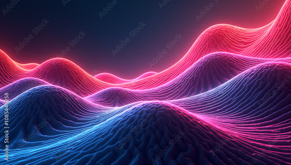 Neon-like undulating waves of pink and blue light on a dark background, forming a futuristic and surreal landscape. Neon-like undulating waves of pink and blue light on a dark background, forming a futuristic and surreal landscape.